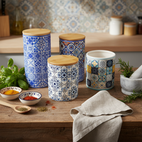 Contenants de cuisine en céramique imprimés bohèmes de luxe, couvercles en bois amovibles hermétiques - Forme cylindrique durable et écologique pour la farine et le thé