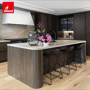 Meubles de cuisine complets Alland de style européen en chêne foncé avec évier <span class=keywords><strong>et</strong></span> cuisinière, îlot de cuisine en marbre pour villa - Product Image 1