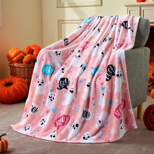 <b>Pink</b> Cartoon Ghost Print Plush <b>Throw</b> Blanket Rectangular Anti-Pilling Home Use Autumn Style Modern Design - Product Image 1