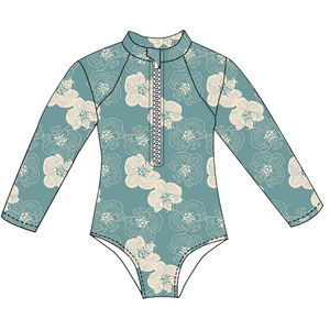 Traje de Baño de una Pieza para Niñas, Diseño Floral Verde Oliva, Manga Larga, Transpirable, con Cierre, para Playa, Verano - Product Image 5
