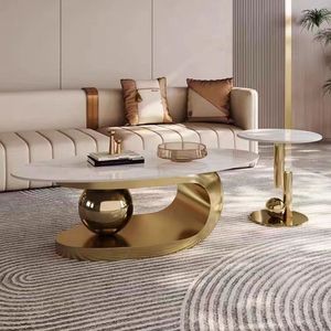 Italian Minimalist Oval Coffee <b>Table</b> Marble <b>Top</b> Stainless Steel Base Modern Light Luxury Design For Small Apartments Home Use - Product Image 1
