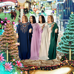 New Arrival Plus Size Casual Cotton Abaya Women Geometric Rhinestone Embroidered Loose Fit Muslim Maxi <b>Dress</b> Batwing Sleeve - Product Image 3