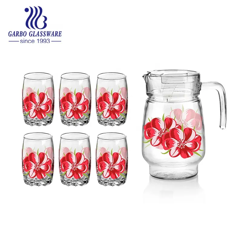 Festival promotion 7pcs Rose Printing transparent water drinking Glass jug and cup set 7pcs glass Pitcher Set for south america