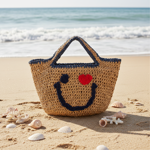 Borsa Tote Artigianale in Paglia Intrecciata da Donna, Stile Vintage, Portatile, Riutilizzabile, Casual, con Motivo Sorriso, Grande Capacità - Product Image 1