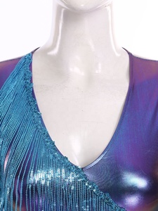 Justaucorps de danse latine à manches longues, col en V profond, franges métalliques et strass, pour la salsa, le tango, la samba, la compétition et la performance - Product Image 3
