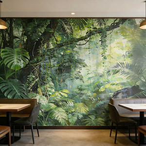 Mural de Pared Personalizable con Diseño Art Deco de Bosque Tropical Primitivo, Planta Gigante de Monstera y Palmera, Paisaje de Selva - Product Image 3