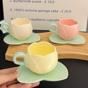 Mini 100ml Embossed Ceramic Tulip Shaped Eco-Friendly Durable 3 Colors Coffee Shop Girl Heart Espresso <b>Cup</b> <b>Saucer</b> Set - Product Image 2