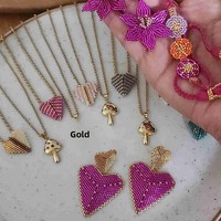 Collar Tejido a Mano con Cuentas Miyuki, Colgante de Corazón, Flor y Hongo con Cadena de Bambú, Accesorio de Moda para Mujer
