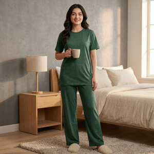 Cozy Spring Green Fluid Knit Women's Neck Short Sleeve Pajama's Set Custom Logo Elastic Waist Drawstring Soft Spandex Woolen - Product Image 1