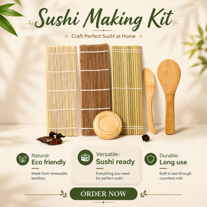 Tapis à sushi carré en bambou Makisu, spatule à riz, kit de fabrication de sushi naturel, sushi fait <span class=keywords><strong>maison</strong></span>, sûr pour les aliments, réutilisable, vente en gros - Product Image 1