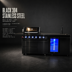Barbecue d'extérieur en acier inoxydable 304 noir avec réfrigérateur intégré, évier, armoire de rangement, îlot BBQ - Product Image 6