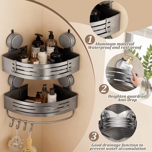 Porte-accessoires de douche à ventouse d'angle (lot de 2 gris), <span class=keywords><strong>étagère</strong></span> de douche en <span class=keywords><strong>aluminium</strong></span> sans perçage avec barre porte-serviettes et crochets, organisateur de rangement de <span class=keywords><strong>cuisine</strong></span> - Product Image 3