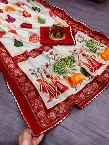 Saree con un Intrincado Diseño Bandhani en Toda la Prenda, Color Rojo y Blanco, Estilo Clásico Único, para Fiestas, Precio al por Mayor - Product Image 2