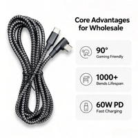Câble USB C vers USB C en nylon tressé à angle de 90 degrés, charge rapide PD 60W, transfert de données 480 Mbps, cordon de type C pour jeux, longueur personnalisée