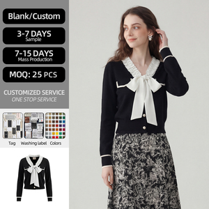 Cardigan in maglia bianco e <span class=keywords><strong>nero</strong></span> da donna, maglione <span class=keywords><strong>elegante</strong></span> a maniche lunghe con fiocco sul collo e bordo a contrasto - Product Image 1