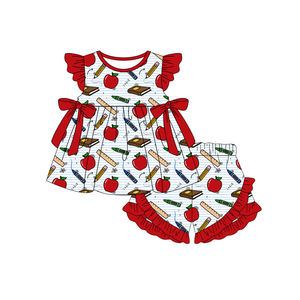 Preventa al por mayor: Ropa infantil de moda con estampado de manzanas y rayas, estilo regreso a clases, para hermanos, orgánica, MOQ 5 unidades. - Product Image 2