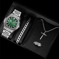 4 pièces en alliage d'argent calendrier carré montre à quartz pour hommes et collier croix Bracelet bague ensemble cadeau sélectionné