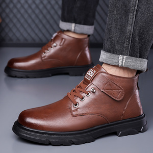 Bottes d'hiver pour hommes en cuir marron chaudes et imperméables à tige haute - Product Image 2