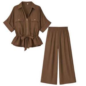 Completo da donna personalizzabile in puro <span class=keywords><strong>lino</strong></span> <span class=keywords><strong>marrone</strong></span>: Top a mezza zip con peplum e <span class=keywords><strong>pantaloni</strong></span> a gamba larga con cintura annodabile - Product Image 4