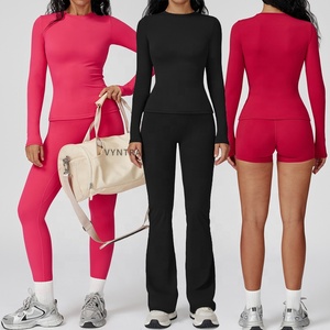 Tenues d'entraînement pour femmes 4 pièces à manches longues Fitness Gym Yoga Activewear T-shirt Leggings Flare Pants Stretchy Sports Tee Apparel Set - Product Image 3