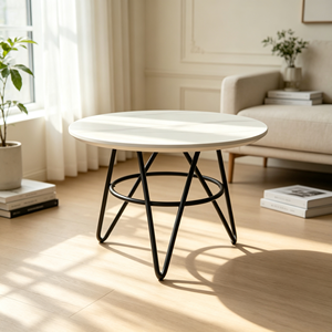 Table basse ronde moderne, plateau blanc lisse, base en fil métallique noir, table de salon, table de centre pour canapé, meubles pour la maison et l'hôtel - Product Image 3