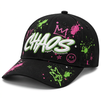Casquette de baseball premium noire, rose et verte, motif graffiti, impression en relief, broderie 3D, strass, casquette souple style « Dad Hat », directement de l'usine