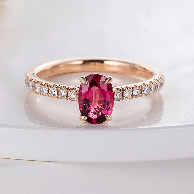 פשוט טבעי ורוד טורמלין תכשיטים סגלגל חתונת הבטחת טבעת יהלום אמיתי 18k זהב מבטיחים טבעת עבור נשים תכשיטים