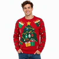 Pull en tricot rouge personnalisé Kuest pour Noël, col rond, manches longues, motif arbre de Noël, pull décontracté pour les fêtes, pour femmes