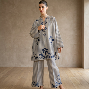Women's Striped Embroidered Cotton Bohemian 2-Piece Set Long Sleeve V-Neck Top Loose Fit Ankle Length <b>Pants</b> Full Sleeve - Product Image 3