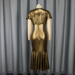 Robe de soirée élégante dorée mi-mollet à col en V, froncée, à manches courtes, ornée de fleurs, taille empire, idéale pour l'été et les fêtes - Product Image 4