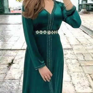 <b>Women</b> Moroccan <b>Kaftan</b> Dress Long Sleeve V Neck Full Length Modest Muslim Robe Beaded Belt Prayer Wear - Product Image 3