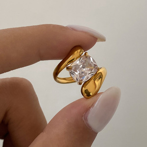 18k mạ vàng thép không gỉ mở chồng chéo nước thả lớn cubic zirconia vòng - Product Image 4