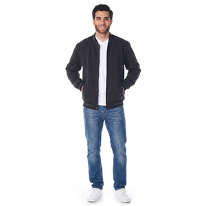 Chaqueta Varsity Personalizada para Hombre, Cuello Alto, Cálida para Invierno, Uso Casual, Cuero Genuino en la Parte Delantera, Transpirable, Bordada, Talla Regular - Product Image 1