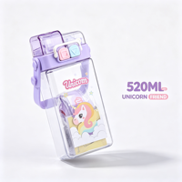 Bouteille d'eau carrée pour enfants de 520 ml, sans BPA, double bec, en plastique, avec paille et sangle, motif dessin animé, portable pour l'école