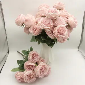K-0567 kualitas tinggi dekorasi pernikahan buatan Peony buket mawar Satin buket bunga mawar
