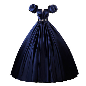 Navy Blue Puff Sleeve Ball Gown Satin Dress Square Collar Natural Waistline Women's Career Dress - Product Image 4