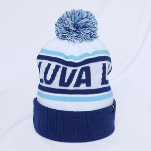 Winter Outdoor Sport <span class=keywords><strong>Ski</strong></span> Snow Jacquard Letter logo Acrylique Custom Knitted Ribbed Cuff Bobble Pom Pom Beanie Hats - Product Image 3