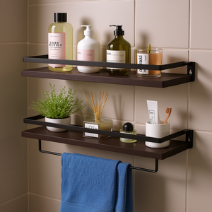 ชั้นวางของในห้องน้ำ 2 ชั้น ติดผนัง อลูมิเนียมอัลลอยด์สีน้ำตาลเข้ม พร้อมราวแขวนผ้า ดีไซน์ทันสมัย - Product Image 2