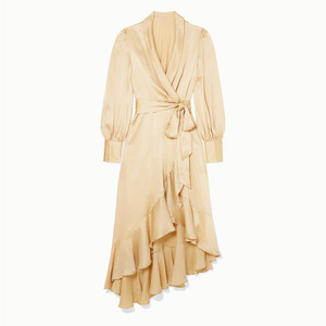 Abito di media lunghezza avvolgente In seta con balza da donna elegante per abbigliamento formale personalizza il colore e il Design del tessuto Made In China - Product Image 4