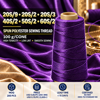 20S/9 20S/2 20S/3 40S/2 50S/2 60S/2 Benang Jahit Poliester 100% Spun Berwarna 100g Cone Kekuatan Tinggi untuk Jahitan Industri Garmen