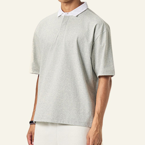 เสื้อเชิ้ตทรงหลวมโอเวอร์ไซส์ผ้าฝ้ายสีดำขาวตัดต่อคอเสื้อแบบคอนทราสต์ แขนสั้นทรงโอเวอร์ไซส์ ดีไซน์เสื้อโปโล - Product Image 4