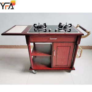 Troli Kompor Gas Ganda Merah Mewah Flambe, Troli Kayu Bergerak untuk Restoran, Peralatan Hotel Komersial, Troli Memasak - Product Image 4