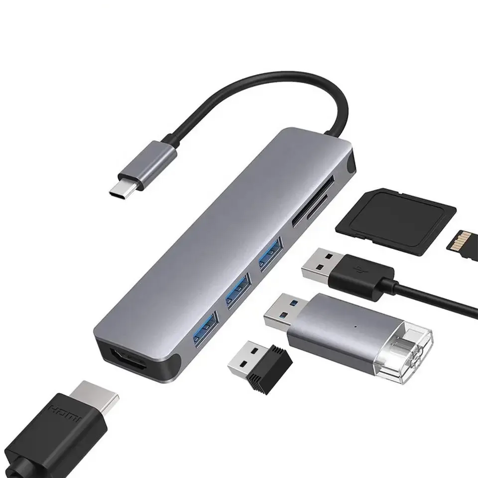 6 In 1 USB Tipe C Ke 4K HDTV Hub dengan 3 USB A dan TF SD Card Reader untuk Macbook Pro dan Samsung Galaxy S9 S10