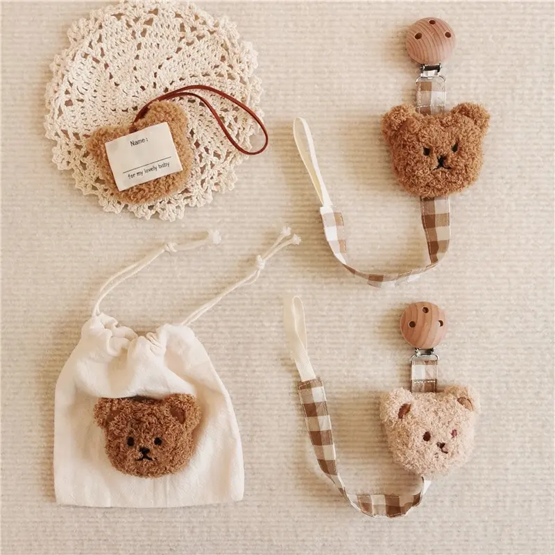 Venda quente artesanal algodão orgânico tecido teddy bear chupeta titular clip chain para recém-nascido