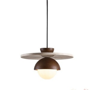 Wabi Sabi Walnut Wood Pendant <b>Light</b> With Stone Disc <b>Retro</b> Hanging Lamp For Dining Room Bedroom - Product Image 5