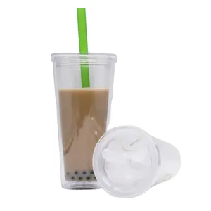 24oz 두 배 벽 빨 대를 가진 재사용할 수 있는 커피 우유 거품 차 플라스틱 boba 컵 공이치기용수철 컵