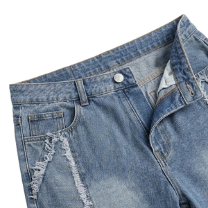 TOPSHOW OEM Pantalones Cortos Vaqueros Distressed para Hombre, Estilo Urbano, con Logotipo Bordado Personalizado, Bajo Deshilachado y Borde sin Rematar, de Mezclilla Holgada - Product Image 4