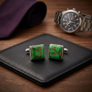 Gemstone de Cobre Turquesa y Plata de Ley 925 para Gemelos de Camisa, Gemelos Lisos y con Tachuelas, Joyería para Hombre - Product Image 1