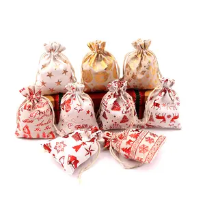 圣诞派对糖果袋珠宝包装袋定制标志黄麻粗麻布亚麻礼品袋拉绳带手柄绳