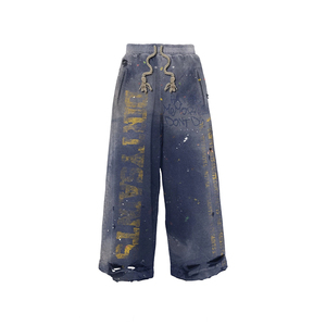 Completo da jogging vintage <span class=keywords><strong>taglie</strong></span> <span class=keywords><strong>forti</strong></span> con cerniera, design strappato, stile hip-hop street, pantaloni a zampa larghi e felpa con cappuccio, 100% cotone, direttamente dalla fabbrica - Product Image 3